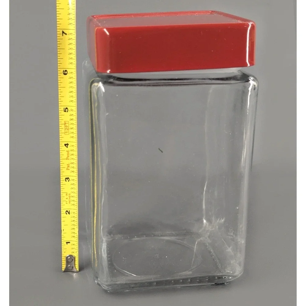 Vintage Anchor Hocking Square Clear Glass Canister Red Lid Kitchen Jar